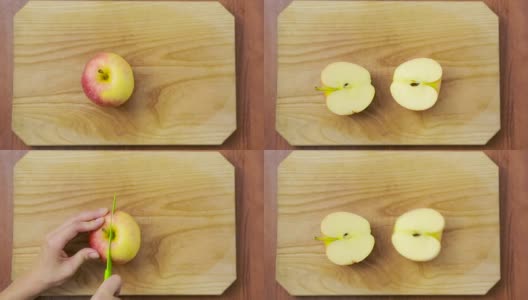 女人在木板上切苹果。烹饪食物高清在线视频素材下载