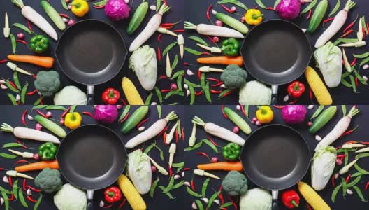 定格动画俯视图蔬菜和平移黑色背景的复制空间高清在线视频素材下载
