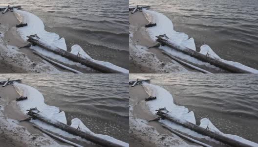 冰形成在秋天的河流上，自然背景，Ob水库，西伯利亚，俄罗斯高清在线视频素材下载