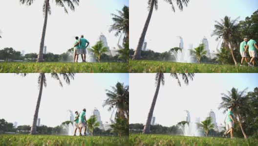 亚洲老夫妇以湖泊和城市公园为背景进行户外运动的视频。抽象热爱健康和自然高清在线视频素材下载