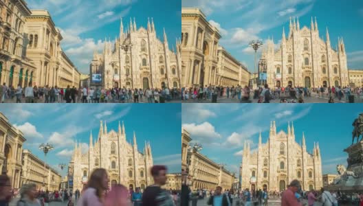 意大利阳光明媚的一天米兰著名的大教堂前拥挤的全景4k时间流逝高清在线视频素材下载
