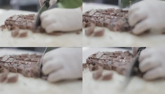 商业厨房食品准备-切丁牛排高清在线视频素材下载