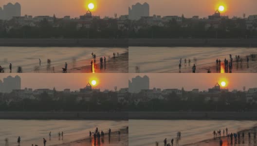 日落时间青岛城市步行海滩时间流逝全景4k中国高清在线视频素材下载