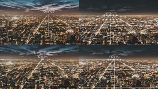 T/L PAN芝加哥城市天际线和5G网络夜间概念高清在线视频素材下载