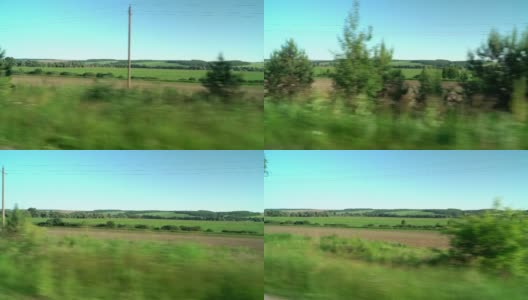 在夏日阳光明媚的日子里，透过车窗可以看到绿色的乡村田野和清澈的蓝天。旅行，旅行，开车旅行。运输高清在线视频素材下载
