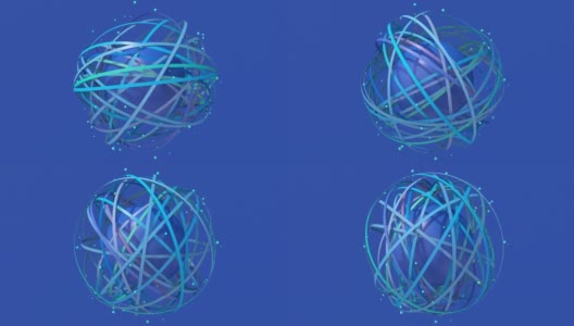 一组蓝色圆圈形状和蓝色纹理球体。蓝色背景。抽象动画，3d渲染。高清在线视频素材下载