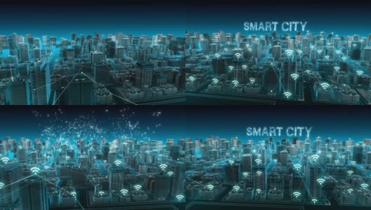 智能城市上的无线智能传感器图标，连接“智能城市”物联网。4 k。高清在线视频素材下载