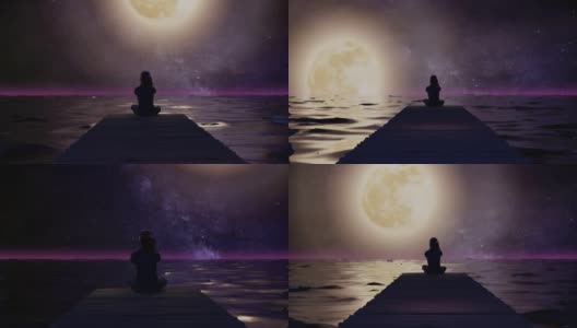 在满月和星星升起的码头上冥想的女孩高清在线视频素材下载