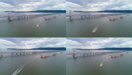无人机拍摄的哈德逊河上塔潘Zee桥的建造过程高清在线视频素材下载