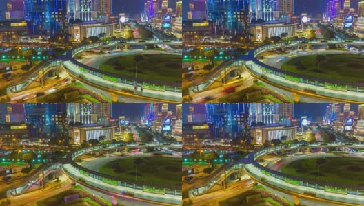 中国夜灯澳门氹仔岛著名的交通圈屋顶全景4k时间推移高清在线视频素材下载