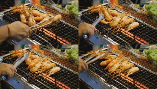 夜市烧烤虾，泰国街头小吃高清在线视频素材下载