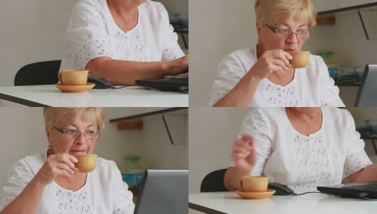 一边用笔记本电脑工作一边喝酒的女人高清在线视频素材下载
