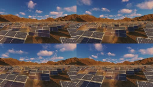 太阳能电池板散布在沙漠中，与山脉和时变云相对高清在线视频素材下载