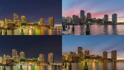 白天到夜晚的时间推移:波士顿城市天际线建筑与波士顿湾从Fan pier Park MA美国高清在线视频素材下载