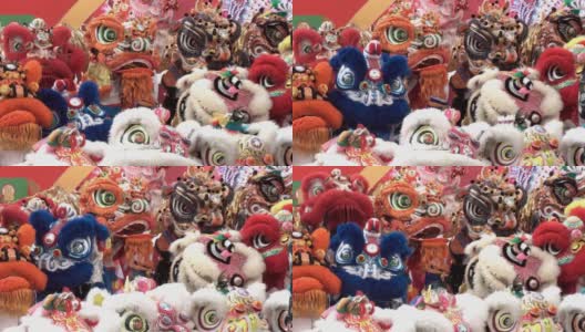 春节期间一群中国狮子表演。高清在线视频素材下载