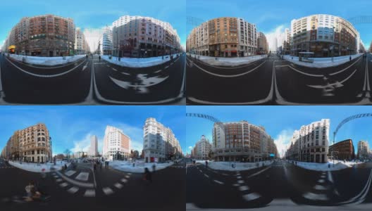 360度全景视频，gran via Madrid与雪的hyperlapse高清在线视频素材下载
