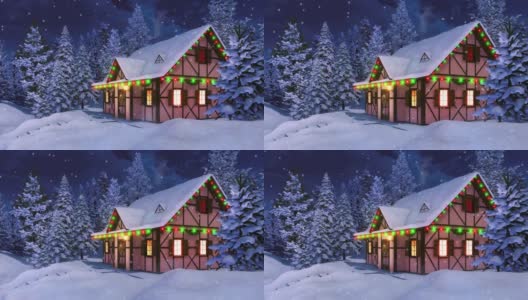 舒适的乡村房子与圣诞装饰在下雪的冬夜3D高清在线视频素材下载