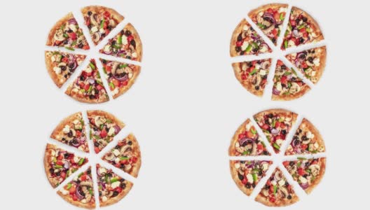 新鲜的圆形披萨切片，鸡肉，蔬菜，蘑菇和奶酪旋转顶视图在白色和灰色的背景与自然阴影，复制空间高清在线视频素材下载