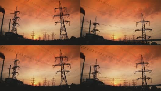 日落时分的配电站。在明亮的傍晚天空背景下，高钢铁塔和电线。Hi-voltage电线。上升了。高清在线视频素材下载