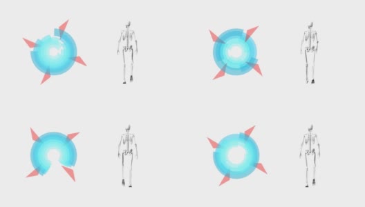 数字动画的圆形范围扫描仪和人体骨骼行走在白色的背景高清在线视频素材下载