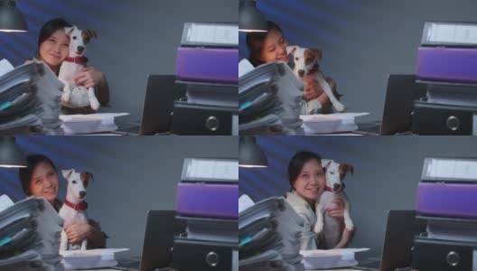 亚洲女主人和她的狗在家里加班。杰克罗素梗有趣的工作区域高清在线视频素材下载
