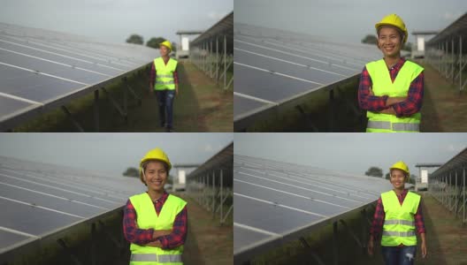 工程检查太阳能电池农场，太阳能发电，高清在线视频素材下载