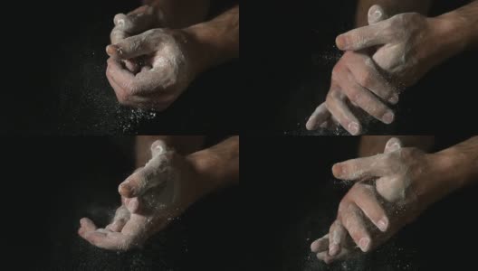 面包师用手在黑色背景上揉搓面粉高清在线视频素材下载