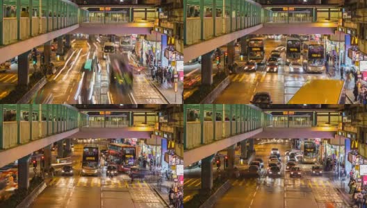 香港孟角的人行横道和交通工具上的交通与行人的时间间隔高清在线视频素材下载