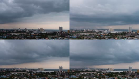 时间流逝风景景观高鸟瞰图的城市和移动风暴风和云在雨来临之前高清在线视频素材下载