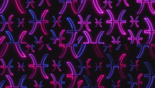 双鱼座的星座在霓虹灯的栅栏。背景由星座的图标组成高清在线视频素材下载