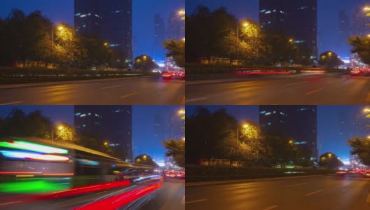 青岛城市夜景，照亮市中心，交通，街道，时光流逝，全景4k中国高清在线视频素材下载