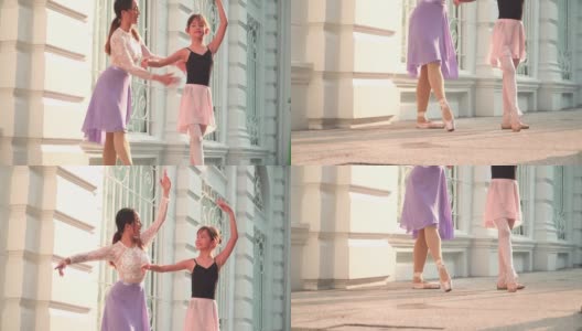 正面图:泰国，阳光明媚的阳光下，一名年轻的女芭蕾舞老师正在教学生，一名正在练习芭蕾舞的白人青少年芭蕾舞者，在当地街道上的一间教室里举起手臂。观念积极的年轻妇女和儿童在周末活动。高清在线视频素材下载