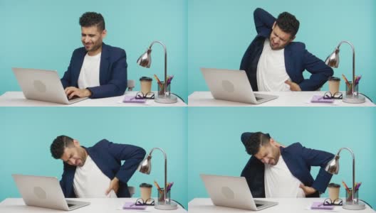 男性办公室职员在办公室用笔记本电脑工作时感到背部疼痛，脊椎或肾脏问题，久坐不动的生活方式高清在线视频素材下载