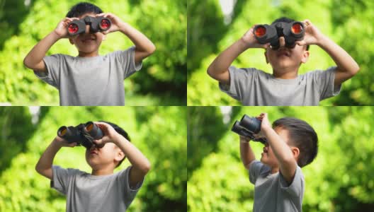 亚洲孩子在户外用望远镜学习。外部学习的概念高清在线视频素材下载