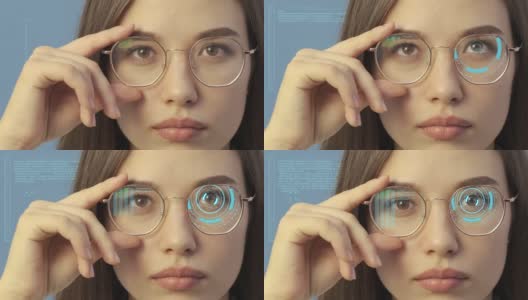 一个女人的眼睛与未来的信息阅读系统。显示器内置在眼镜中。用户界面元素Hud和UI高清在线视频素材下载