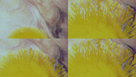 水晶发芽。粉彩背景上的抽象黄色斑点。抽象的垃圾艺术，墨水颜料扩散爆炸的背景。高清在线视频素材下载