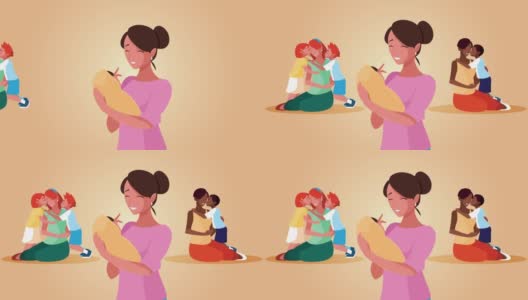 快乐的母亲节庆祝与母亲和孩子的角色高清在线视频素材下载