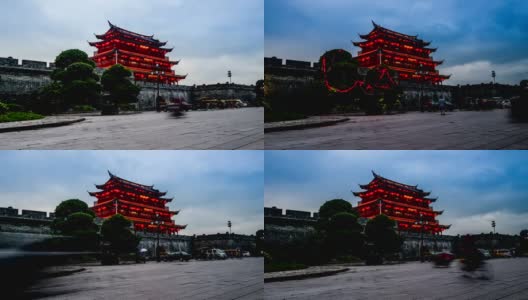 从日落到傍晚，潮州古城门和城墙，中国广东省高清在线视频素材下载
