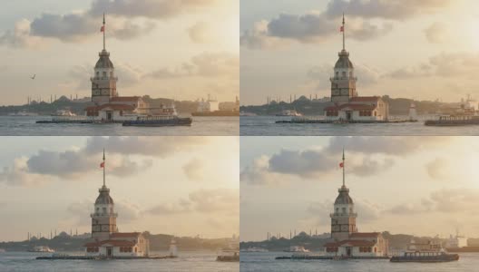 伊斯坦布尔的少女塔，土耳其，kiz kulesi塔，伊斯坦布尔的日落高清在线视频素材下载