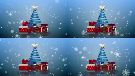 雪花飘落在圣诞树和礼物上高清在线视频素材下载