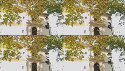 美丽的大树带着秋天的黄叶在老别墅前，树带着黄叶在背景上的一幢老建筑和一盏路灯高清在线视频素材下载