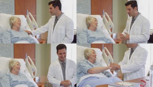 医生在医院病床上用R3D拍摄与老年病人谈话高清在线视频素材下载