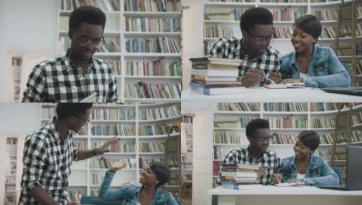多莉拍摄了非洲男学生走过图书馆，给迷人的非洲女学生五个，并开始一起在图书馆学习高清在线视频素材下载