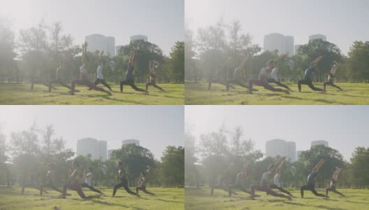 六人组混合年龄的人在城市公园里做瑜伽姿势叫武士姿势，以健身、运动、瑜伽和健康的生活方式理念高清在线视频素材下载