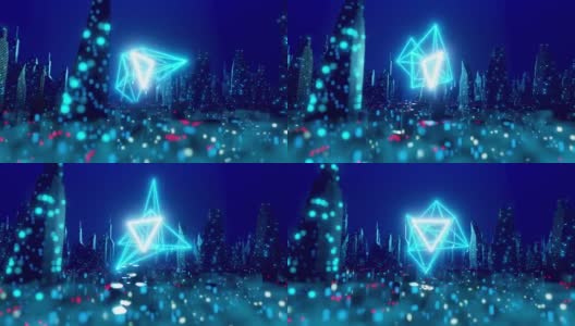 三维渲染赛博朋克城市夜景的运动平移场景与三角形几何霓虹灯。高清在线视频素材下载