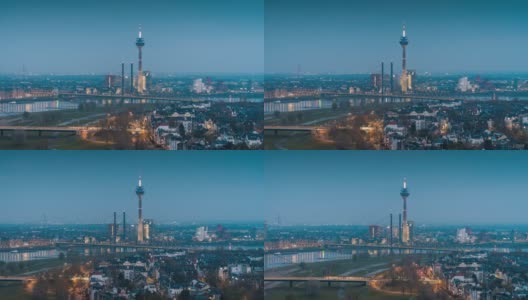 杜塞尔多夫的天际线和莱茵河塔-航拍高清在线视频素材下载