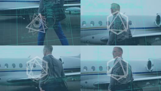 针对走在机场跑道上的白人商人进行抽象形状和数据处理高清在线视频素材下载