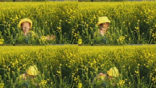 一个戴着黄色帽子的女孩藏在高高的草丛里，在夏天盛开的田野里，她跳出来看着太阳。夏天，日落，节假日，防晒霜，过敏，驱蚊。高清在线视频素材下载