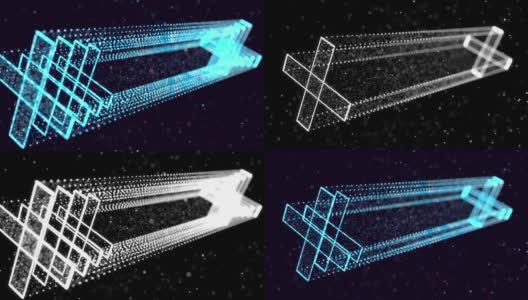 摘要发光粒子在空间中形成三维物体。通过Vj循环作为虚拟数字空间的bg。粒子形成全息影像的形状，作为大数据、网络或vr空间的概念。科幻运动设计bg高清在线视频素材下载