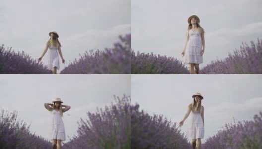 年轻美丽的白人妇女在夏天的黎明戴着草帽沿着薰衣草田底部的观点。高清在线视频素材下载